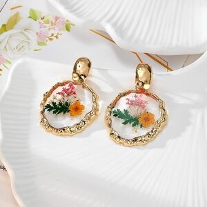 Pressed Flower Resin Earrings – Marigold, Pink Yarrow & Fern Gold Tone Botanical